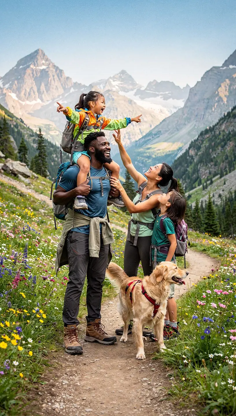 Уютный домик в горах, окруженный зелеными лесами и цветами.