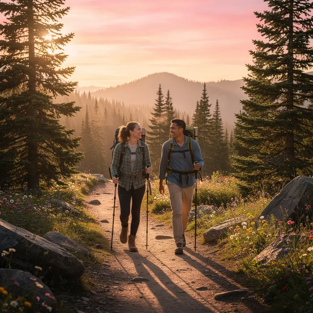 Пешеходная тропа среди альпийских лугов, усеянных дикими цветами.