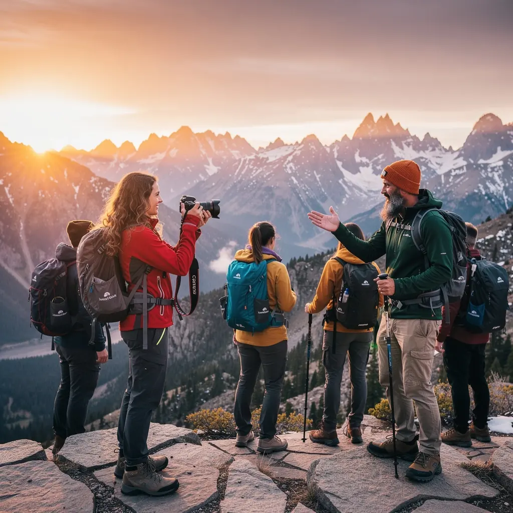 Группа туристов на вершине горы, наслаждающихся великолепным видом.