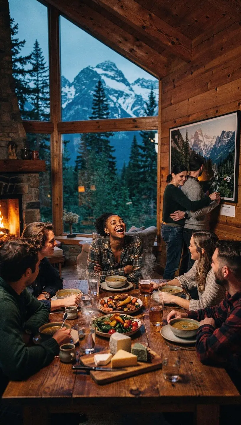 Уютный домик в горах, окруженный хвойными деревьями и цветами.