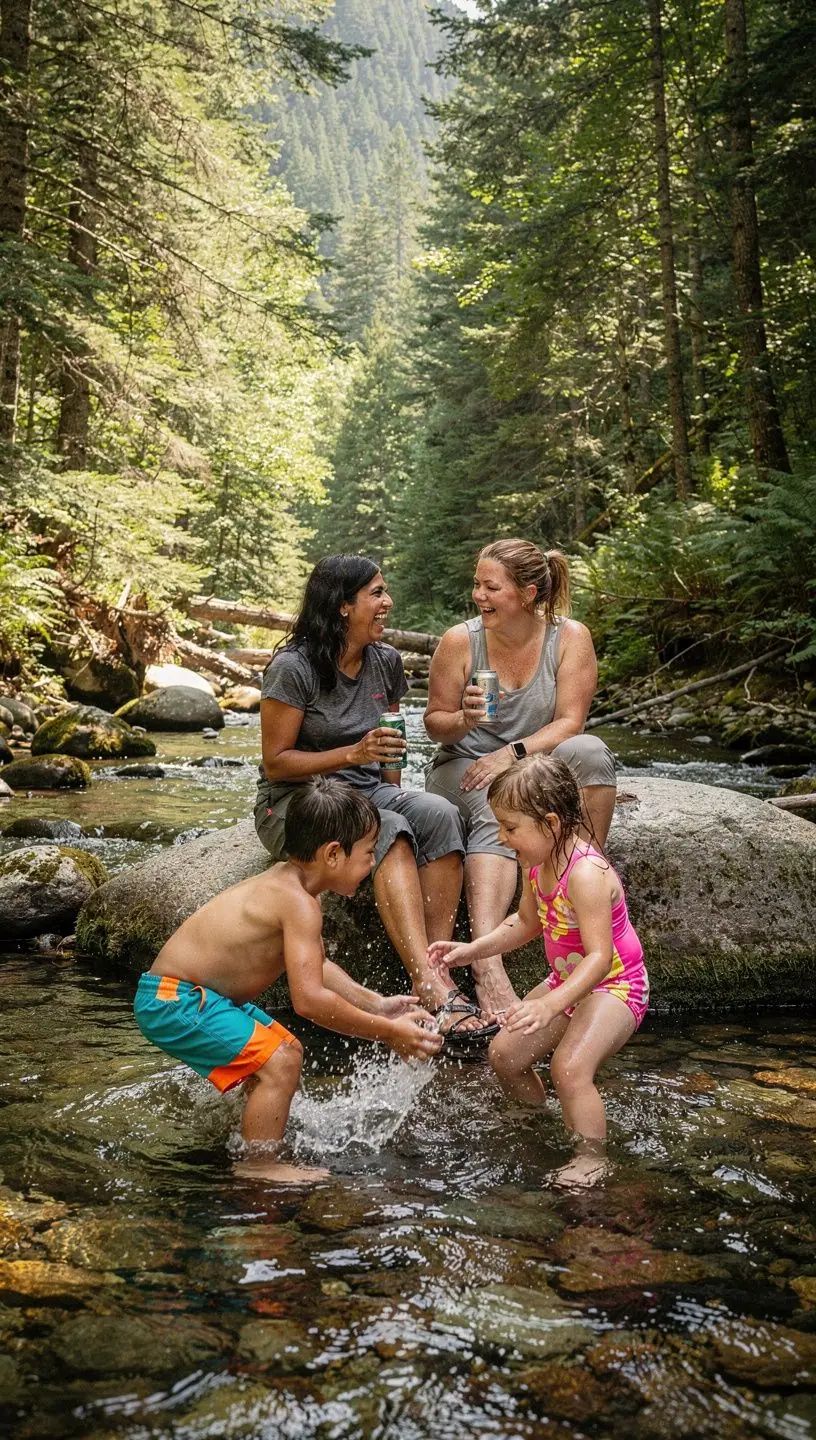 Уютный горный домик, окруженный величественными деревьями и горами.