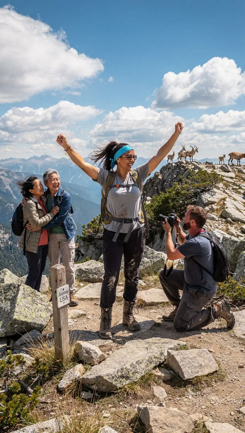 Горный пейзаж с заснеженными вершинами и зелеными склонами.