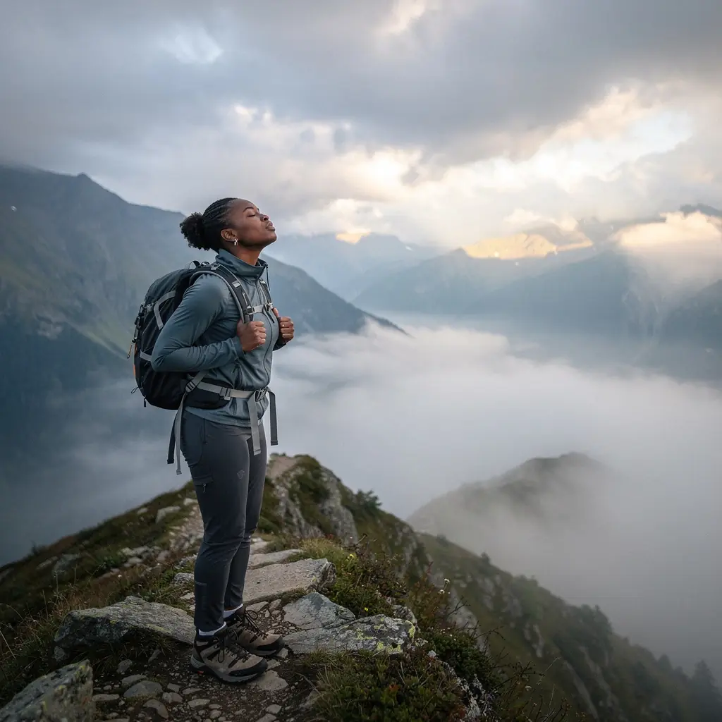 Группа туристов, поднимающихся на вершину горы, наслаждаясь красотой природы.